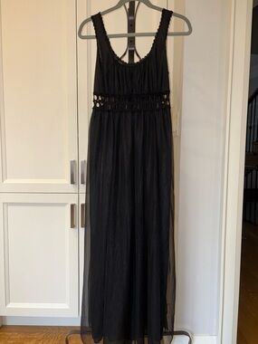 Vintage Black Crochet-Trim Maxi Chemise Flowy Layers Sheer Nightgown Size Large